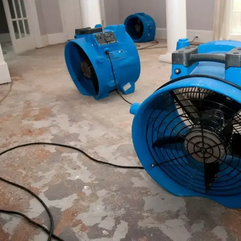 Blue air movers set on a bare floor during structural drying in Monroe Township